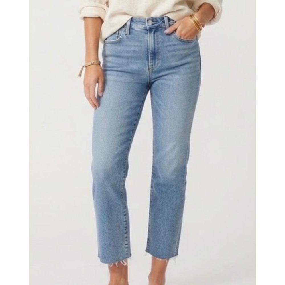 Quince Bella Straight Stretch Jean Seaside Blue Cropped Raw Hem 30 W-PNT-113